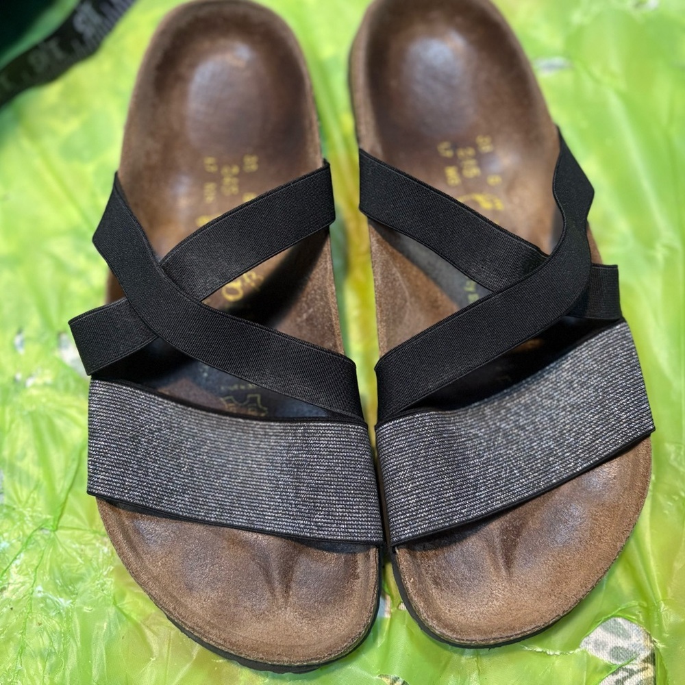 Birkenstock Papillio Cosma stretch sandals in black and silver 7 7.5 women’s